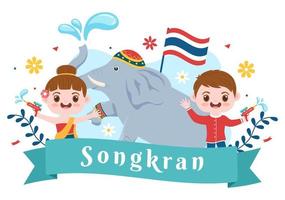 feliz día del festival songkran ilustración de dibujos animados dibujados a mano con lindos niños pequeños jugando pistola de agua en la celebración de tailandia en un fondo de estilo plano vector