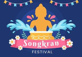 Happy Songkran Festival Day Hand Drawn Cartoon Illustration Playing Water Gun in Thailand Celebration in Flat Style Background Design
