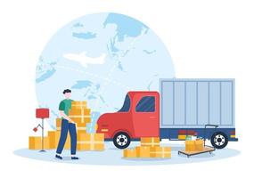 ilustración de dibujos animados de transporte de camiones con servicios de entrega de carga o caja de cartón enviada al consumidor en un diseño de estilo plano vector