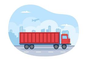 ilustración de dibujos animados de transporte de camiones con servicios de entrega de carga o caja de cartón enviada al consumidor en un diseño de estilo plano vector