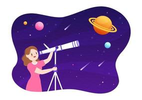 ilustración de dibujos animados de astronomía con gente mirando el cielo estrellado nocturno, la galaxia y los planetas en el espacio ultraterrestre a través del telescopio en estilo plano dibujado a mano vector