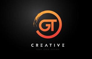 Orange GT Circular Letter Logo with Circle Brush Design and Black Background. vector