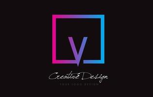 V Square Frame Letter Logo Design with Purple Blue Colors. vector