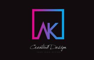 ak diseño de logotipo de letra de marco cuadrado con colores azul púrpura. vector