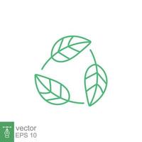 Biodegradable recyclable plastic free package icon. Vector bio recyclable degradable label logo template. Three green leafs isolated on white background. EPS 10.