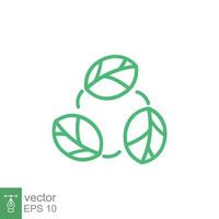 Biodegradable recyclable plastic free package icon. Vector bio recyclable degradable label logo template. Three green leafs isolated on white background. EPS 10.