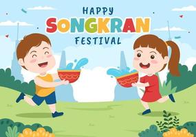 Happy Songkran Festival Day Hand Drawn Cartoon Illustration with Cute Little Kids Playing Water Gun in Thailand Celebration in Flat Style Background