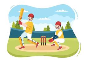 bateador jugando deportes de cricket con pelota y palo en ilustración de fondo de campo de dibujos animados plana vector