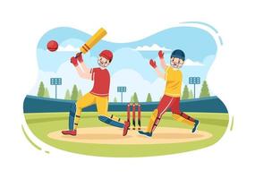 Batsman Playing Cricket Sports with Ball and Stick in Flat Cartoon Field Background Illustration vector