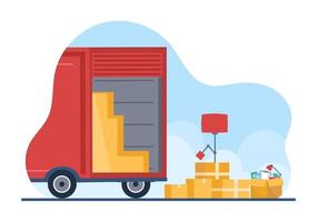 ilustración de dibujos animados de transporte de camiones con servicios de entrega de carga o caja de cartón enviada al consumidor en un diseño de estilo plano vector