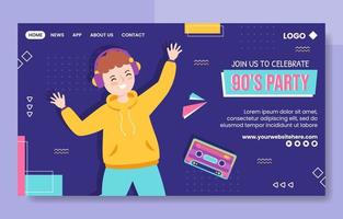 90s Retro Party Social Media Landing Page Template Flat Cartoon Background Vector Illustration