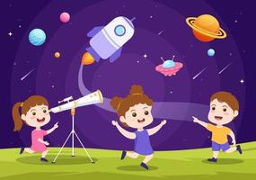 ilustración de dibujos animados de astronomía con niños lindos viendo el cielo estrellado nocturno, la galaxia y los planetas en el espacio exterior a través del telescopio en estilo plano dibujado a mano vector