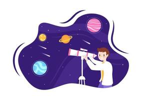 ilustración de dibujos animados de astronomía con gente mirando el cielo estrellado nocturno, la galaxia y los planetas en el espacio ultraterrestre a través del telescopio en estilo plano dibujado a mano vector