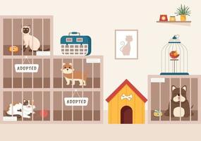ilustración de dibujos animados de refugio de animales con mascotas sentadas en jaulas y voluntarios alimentando animales para adoptar en un diseño de estilo plano dibujado a mano vector