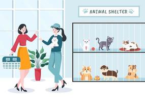 ilustración de dibujos animados de refugio de animales con mascotas sentadas en jaulas y voluntarios alimentando animales para adoptar en un diseño de estilo plano dibujado a mano vector