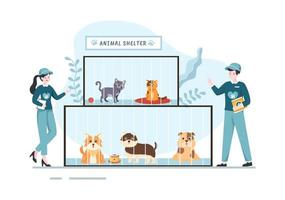 Animal Shelter Cartoon Illustration with Pets Sitting in Cages and Volunteers Feeding Animals for Adopting in Flat Hand Drawn Style Design vector