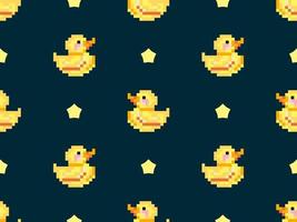 Duck cartoon character seamless pattern on blue background. Pixel style vector