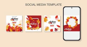 Set of colorful autumn posters with bright beautiful leaves frame, paper cut style letters and lettering. Template for advertising, web, social media vector