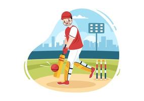 bateador jugando deportes de cricket con pelota y palo en ilustración de fondo de campo de dibujos animados plana vector