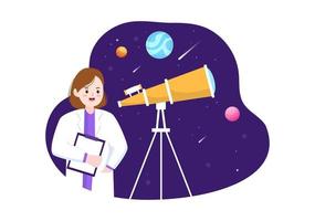 ilustración de dibujos animados de astronomía con gente mirando el cielo estrellado nocturno, la galaxia y los planetas en el espacio ultraterrestre a través del telescopio en estilo plano dibujado a mano vector