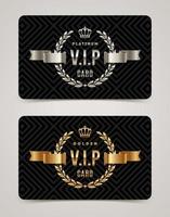 VIP golden and platinum card - type design with crown, laurel wreath and ribbon on a black pattern background. Vector illustration.