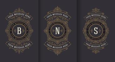 Flourishes and ornamental vector vintage design for greeting card or wedding invitation. Retro monogram logo set.