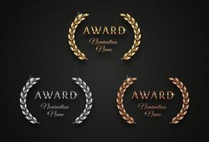Award sign with laurel wreath - golden, silver and bronze variants, isolated on black background. Award sign vector set.