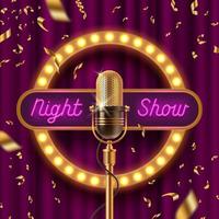 Neon signboard, fame with light bulbs and Retro microphone on stage against the purple curtain and falling golden confetti. Vector illustration.