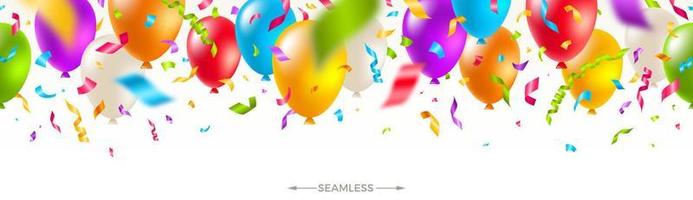 banner festivo sin costuras - globos multicolores y confeti. vector