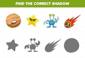 Education game for children find the correct shadow set of cute cartoon solar system planet star alien comet vector