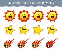 Education game for children find the different picture in each row cute cartoon solar system sun star comet vector