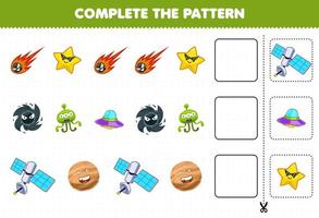 Education game for children complete the pattern logical thinking find the regularity and continue the row task with cute cartoon solar system comet star black hole alien ufo satellite planet vector