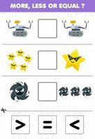 Education game for children more less or equal count the amount of cute cartoon solar system robot star black hole then cut and glue cut the correct sign vector