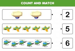 Education game for children count and match count the number of cartoon flying transportation zeppelin airplane helicopter and match with the right numbers printable worksheet vector