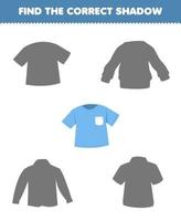 Education game for children find the correct shadow set of cartoon wearable clothes t shirt vector