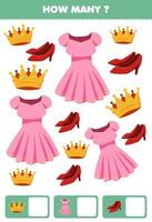 Education game for children searching and counting how many objects cartoon wearable clothes dress crown heel vector