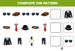 juego educativo para niños completar el patrón pensamiento lógico encontrar la regularidad y continuar la tarea de la fila con dibujos animados ropa ponible gafas de sol zapatos cinturón corbata sombrero esmoquin traje pantalón reloj vector