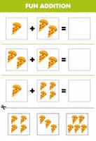 Education game for children fun addition by cut and match cartoon food pizza pictures worksheet vector