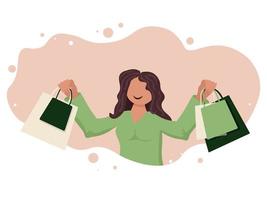 imagen vectorial de una chica feliz compartiendo la alegría de ir de compras. vector