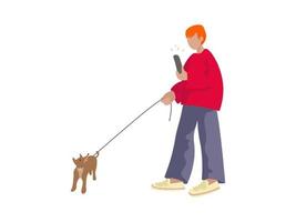 The character is a young man with a phone in his hand and a dog on a leash. Vector illustration.