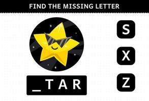 Education game for children find missing letter cute cartoon solar system star worksheet vector