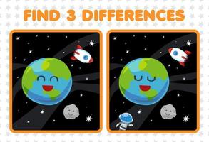 Education game for children find three differences between two cute cartoon solar system earth planet moon rocket astronaut vector