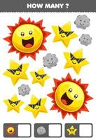 Education game for children searching and counting how many objects cute cartoon solar system planet sun star vector