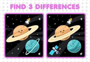 juego educativo para niños encuentra tres diferencias entre dos lindos dibujos animados sistema solar saturno urano planeta nave espacial satélite vector