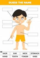 Education game for children guess the name of cute cartoon boy body part anatomy worksheet vector