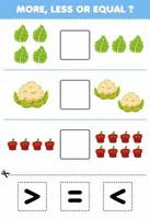 Education game for children more less or equal count the amount of cartoon vegetables kale cauliflower paprika then cut and glue cut the correct sign vector