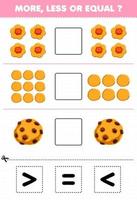 juego educativo para niños más menos o igual contar la cantidad de alimentos de dibujos animados galletas dulces luego cortar y pegar cortar el signo correcto vector