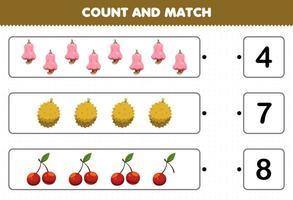 Education game for children count and match count the number of cartoon fruits cashew durian cherry and match with the right numbers printable worksheet vector