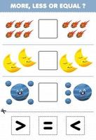 Education game for children more less or equal count the amount of cute cartoon solar system comet moon neptune planet then cut and glue cut the correct sign vector