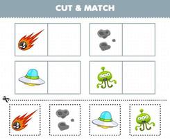 Education game for children cut and match the same picture of cute cartoon solar system comet asteroid ufo alien vector